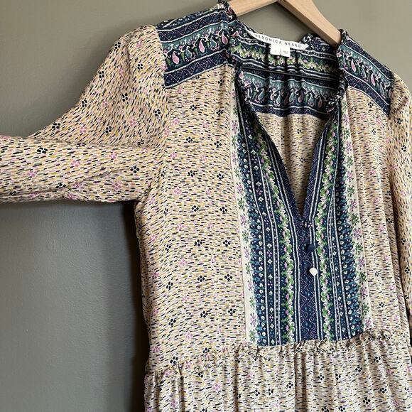 Veronica‎ Beard Lumi Dress Size 2 Silk Cream Beige Blue Floral Ruffles Chic Sexy - Picture 10 of 16